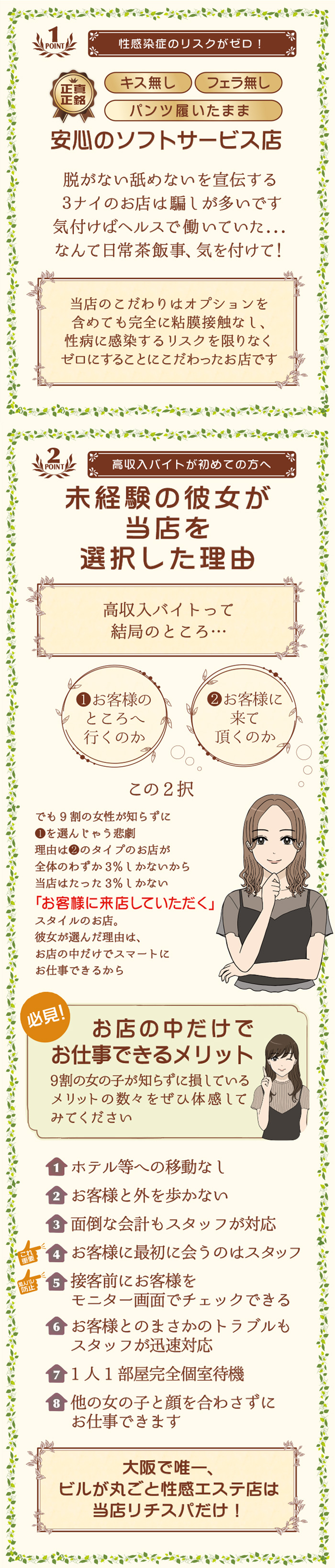 POINT1　性感染症のリスクがゼロ
正真正銘　キス無し　フェラ無し　パンツ履いたまま
安心のソフトサービス店

脱がない舐めないを宣言する
3ナイのお店は騙しが多いです
気づけばヘルスで働いていた…
なんて日常茶飯事、気を付けて！
当店のこだわりはオプションを
含めても粘膜接触なし
性病に感染するリスクを限りなく
ゼロにすることにこだわったお店です

POINT2　高収入バイトが初めての方へ
未経験の彼女が
当店を
選択した理由

高収入バイトって
結局のところ…

①お客様のところへ行くのか　②お客様に来て頂くのか
この2択
でも9割の女性が知らずに
①を選んじゃう悲劇
理由は②のタイプのお店が
全体のわずか3%しかないから
当店はたった3%しかない
「お客様に来店していただく」
スタイルのお店。
彼女が選んだ理由は、
お店の中だけでスマートに
お仕事できるから

必見　お店の中だけで
お仕事できるメリット
9割の女の子が知らずに損している
メリットの数々をぜひ体感して
みてください

①ホテル等への移動なし
②お客様と外を歩かない
③面倒な会計もスタッフが対応
これ重要④お客様に最初に会うのはスタッフ
知人バレ防止⑤接客前にお客様を
モニター画面でチェックできる
⑥お客様とまさかのトラブルもスタッフが迅速対応
⑦1人1部屋完全個室待機
⑧他の女の子と顔を合わさずに
お仕事できます

大阪で唯一、
ビルが丸ごと性感エステ店は
当店リチスパだけ！